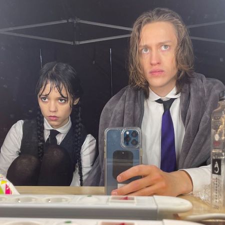 Percy Hynes White and Jenna Ortega took a picture together in the makeup room of the Wednesday set.